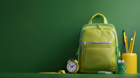 A yellow backpack sits on a green background with a clock and a pencil case. The backpack is the main focus of the image, but the other items suggest that it is a school settingの素材
