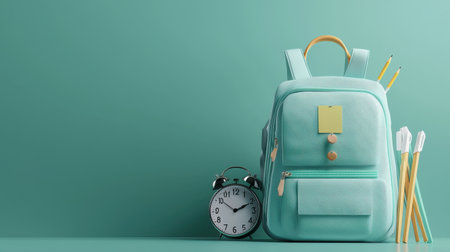 A green backpack with a clock on the front of it. The clock is set to the time of 10:00. The backpack is filled with school supplies, including a pencil case and a few pensの素材