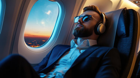 A man wearing a suit and sunglasses is sleeping on an airplane. The man is wearing headphones and is wearing a black jacketの素材