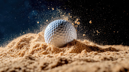 A golf ball is in the sand, with the sand surrounding it. Concept of motion and action, as the ball is in the process of being hit by a golf club. The sandy surface adds a naturalの素材