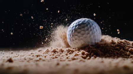 A golf ball is rolling in the sand, leaving a trail of dust behind it. Concept of motion and energy, as the ball is in the process of being hit and moving through the airの素材