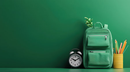 A green backpack sits on a table next to a clock and a yellow pencil case. The backpack is decorated with a plant, giving it a unique and creative appearanceの素材