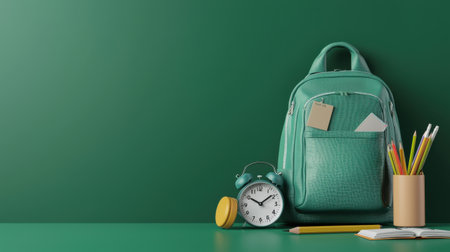 A green backpack with a clock and a pencil case on a green background. The backpack is made of crocodile skin and has a yellow and green designの素材