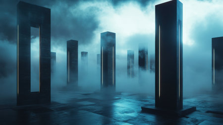 A futuristic cityscape with tall, dark pillars and a foggy atmosphere. The scene is set in a large, open space with a lot of empty space between the pillars. Scene is mysterious and ominousの素材