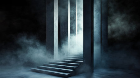 A dark, foggy room with a staircase leading up to a door. The atmosphere is eerie and mysteriousの素材