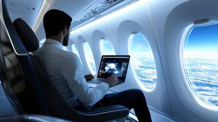 A man is sitting in an airplane seat with a laptop open in front of him. The laptop screen shows a map of the world. The man is working or studying while on the planeの素材