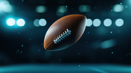 A football is flying in the air in a stadium. The stadium is lit up with bright lightsの素材