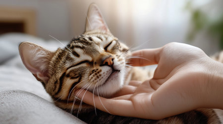 A cat is sleeping on a bed with a person's hand on it. The cat is relaxed and content, and the person is gently petting it. Concept of warmth and affection between the cat and the personの素材