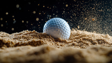 A white golf ball is sitting on a sandy beach. The ball is surrounded by sand and he is in the process of being hit by a golf club. Concept of relaxation and leisureの素材