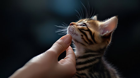 A hand is petting a kitten with a black and white striped face. The kitten is looking up at the hand, and the mood of the image is warm and affectionateの素材