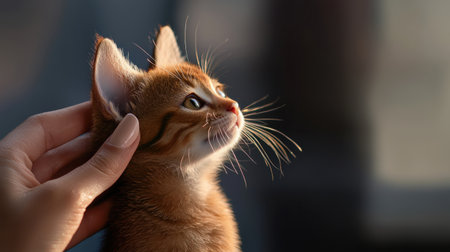 A hand is petting a kitten with a curious look on its face. The kitten is orange and he is enjoying the attentionの素材