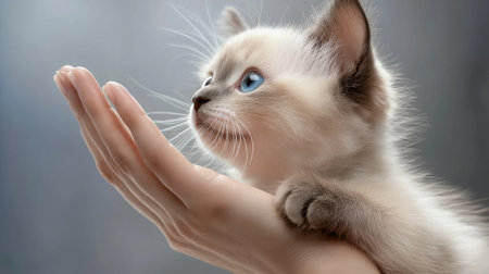 A kitten is in a person's hand, looking up at the camera. The kitten is small and fluffy, with blue eyes. Concept of warmth and affection, as the person is holding the kitten close to their chestの素材