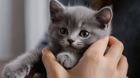 A kitten is being held by a person's hand. The kitten is looking up at the person with its eyes wide openの素材