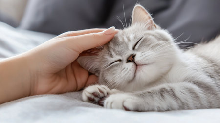 A cat is sleeping on a bed with a person's hand on its head. The cat appears to be content and relaxedの素材