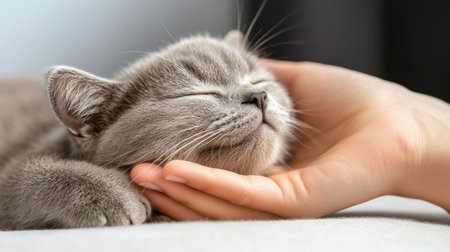 A cat is sleeping on a person's hand. The cat is relaxed and comfortable. The person is gentle and caring towards the catの素材