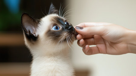 A person is feeding a cat. The cat is white and brown. The person is holding the cat's pawの素材
