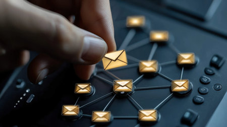 A person is holding a piece of paper with a bunch of emails on it. Concept of a busy workday, with the person possibly managing a large number of emails. Scene is somewhat hecticの素材