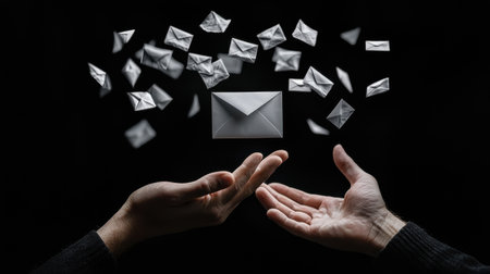 Two hands reaching out to catch a pile of white envelopes. The envelopes are scattered in the air, and the hands are positioned to catch them. Concept of urgency and the importance of communicationの素材