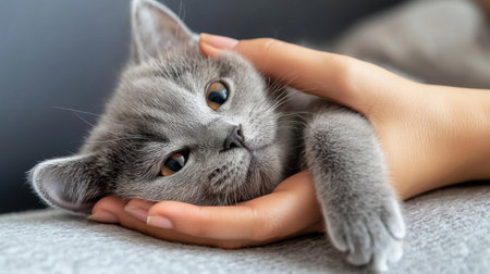 A grey cat is laying on a couch with its head on a person's hand. The cat appears to be relaxed and comfortable in the person's presenceの素材