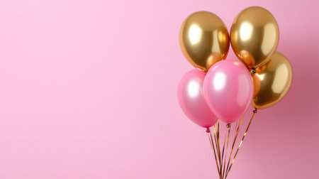 Pink and gold balloons on a pink background. The balloons are arranged in a way that they look like they are floating in the air. The pink background gives the image a soft and romantic moodの素材