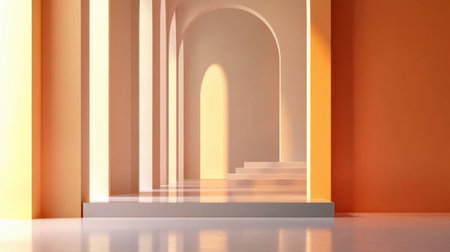 A white archway with a staircase leading up to it. The archway is in a room with orange wallsの素材