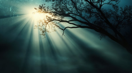 A tree with sunlight shining through its branches. The light is bright and warm, creating a peaceful and serene atmosphereの素材
