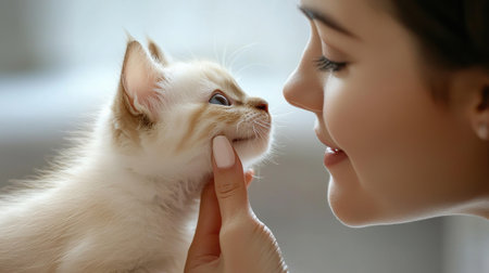 A woman is petting a kitten. The kitten is white and has a pink nose. The woman has a smile on her faceの素材