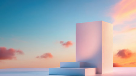 A white cube is standing in front of a blue sky with clouds. The sky is a beautiful shade of pink and orange, creating a serene and peaceful atmosphere. The cube is a simple and elegant designの素材