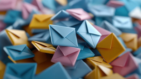 A pile of colorful paper envelopes with a blue one in the middle. The envelopes are all different colors and sizes, and they are all piled on top of each other. Concept of abundance and varietyの素材