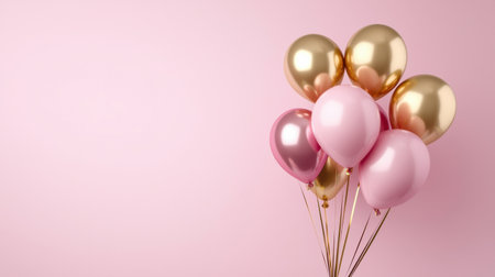 A bunch of pink and gold balloons are arranged in a visually appealing way. The balloons are of different sizes and are scattered around the image, creating a sense of movement and depthの素材