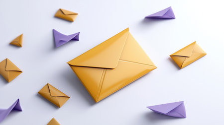 A bunch of envelopes are scattered on a white background. The yellow envelope is the center of attentionの素材