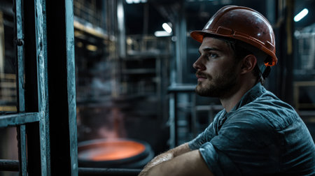 A man in a hard hat is sitting in a factory. He is wearing a blue shirt and a red helmetの素材