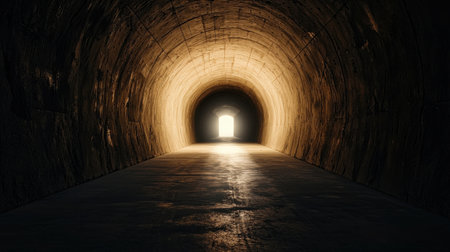 A tunnel with a small opening in the middle. The tunnel is dark and the light shining through the opening creates a sense of mystery and intrigueの素材
