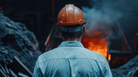 A man in a hard hat stands in front of a pile of rocks and a fire. The scene is intense and dangerous, as the man is likely working in a hazardous environment. The fire adds to the sense of dangerの素材