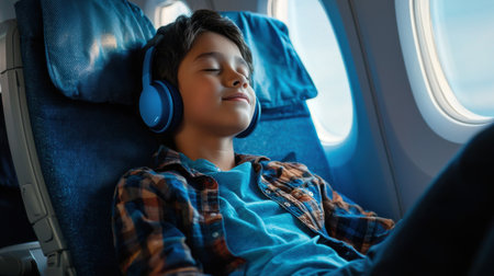 A young boy is sleeping on a plane with headphones on. The boy is wearing a blue shirt and plaid pantsの素材