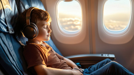 A young boy is wearing headphones and sleeping on an airplane. Concept of relaxation and comfort, as the child is enjoying his flight and taking a napの素材