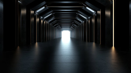 A long, dark tunnel with a light shining through it. The tunnel is empty and the light is the only source of illuminationの素材