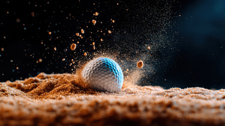 A golf ball is rolling in the sand, leaving a trail of dust behind it. Concept of motion and energy, as the ball is in the process of being hit by a golf clubの素材