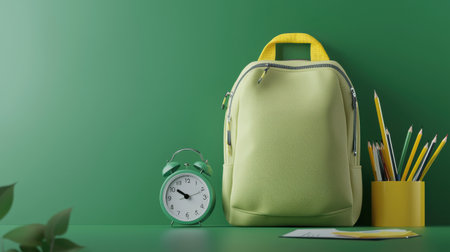 A green backpack sits on a table next to a green clock and a yellow pencil case. The scene is set in a classroom or study area, with the backpack and clock likely belonging to a studentの素材