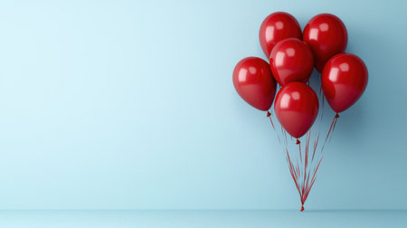 A bunch of red balloons are floating in the air above a blue wall. The balloons are arranged in a way that they look like they are floating in the sky, creating a sense of joy and celebrationの素材