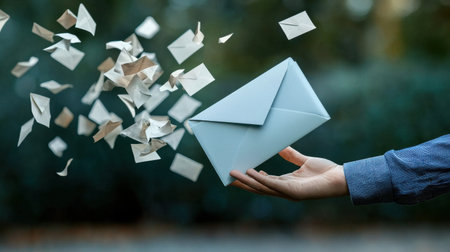 A person is holding a blue envelope with a lot of paper flying out of it. Concept of chaos and disarray, as the envelope is being torn apart by the windの素材