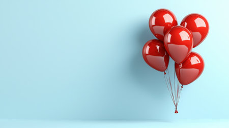 A bunch of red balloons floating in the air above a blue wall. The balloons are arranged in a way that they look like they are floating in the air, creating a sense of lightness and joyの素材