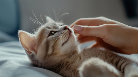 A cat is laying on a bed with its head on a person's hand. The cat appears to be enjoying the attention and affection from the personの素材