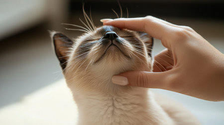 A person is petting a cat with its head tilted to the side. The cat appears to be relaxed and enjoying the attentionの素材