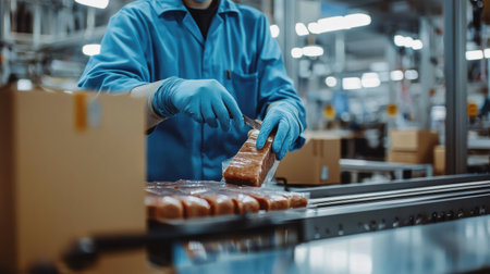 A man in a blue shirt is working in a factory, handling meat. He is wearing gloves and he is focused on his taskの素材