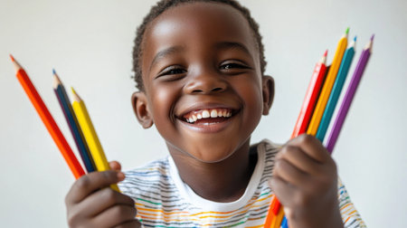A young boy is holding a bunch of pencils and smiling. Concept of joy and excitement, as the child is proud of his pencils and happy to show them offの素材