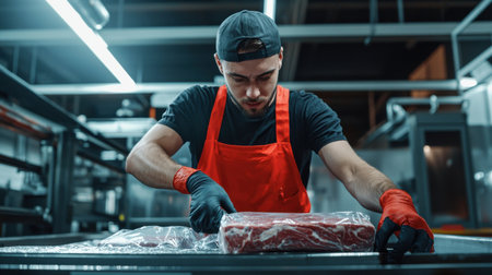A man in a red apron is working in a meat processing plant. He is wearing gloves and a hatの素材