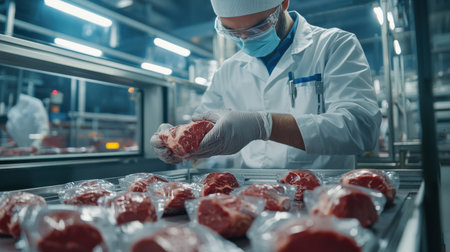 A man in a white lab coat is handling meat in a factory. He is wearing a mask and glovesの素材