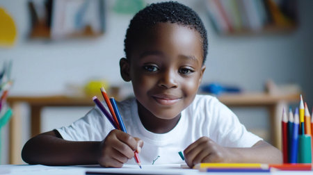 A young boy is sitting at a desk with a box of crayons and a piece of paper. He is smiling and he is enjoying himself as he draws. The scene suggests a fun and creative atmosphereの素材