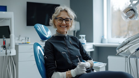 A woman in a black jacket and glasses is sitting in a dentist's chair. She is smiling and holding a pair of dental toolsの素材